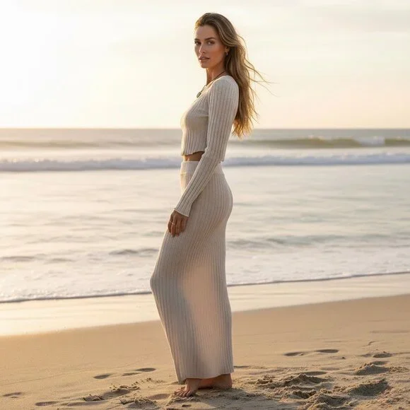 NWOT Free People Knit Co-Ord Top Maxi Skirt Set | Coastal Soft Girl Minimalist L - Picture 7 of 16